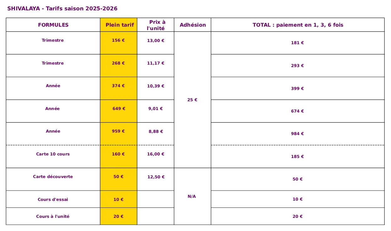 Shivalaya tarifs 2025 2026 Janvier