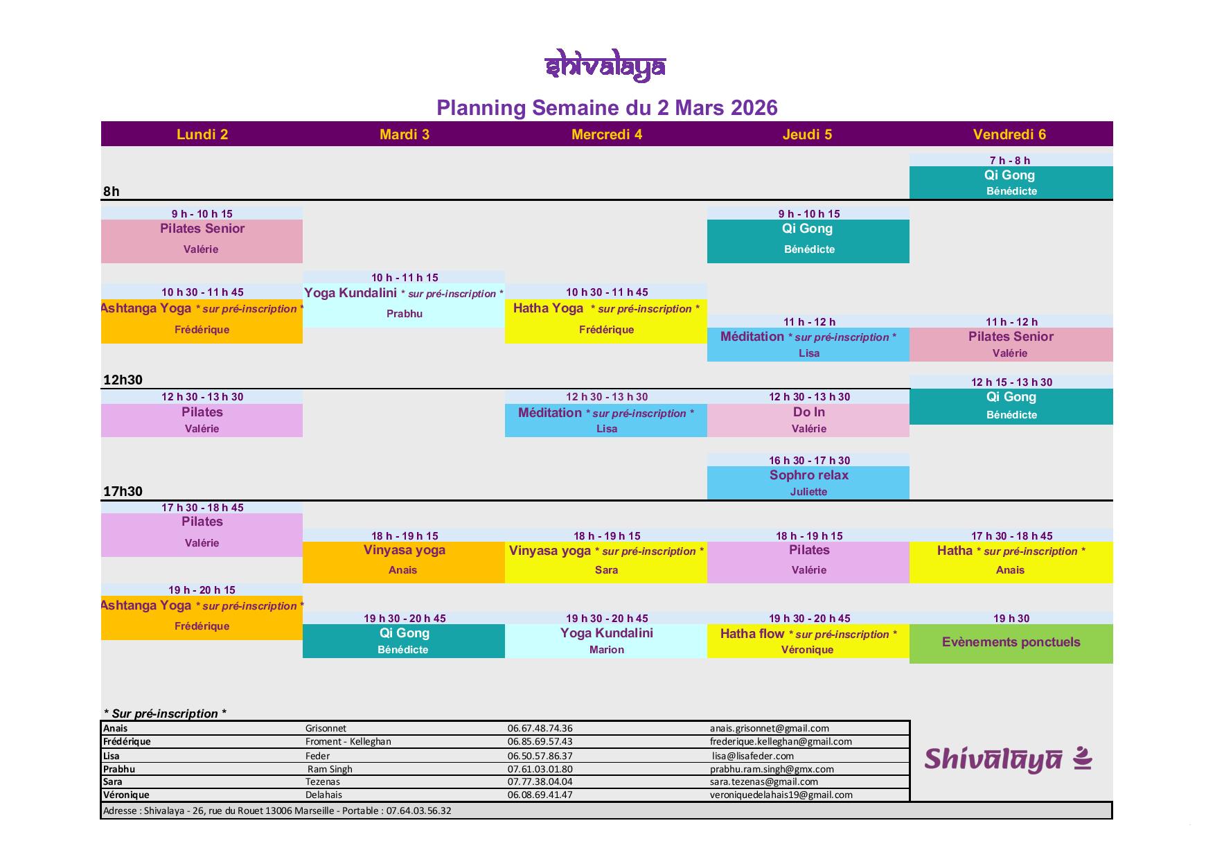 2025 2026 Shivalaya planning Sem 2 mars-page-001 Planning des cours Shivalaya janvier 2026